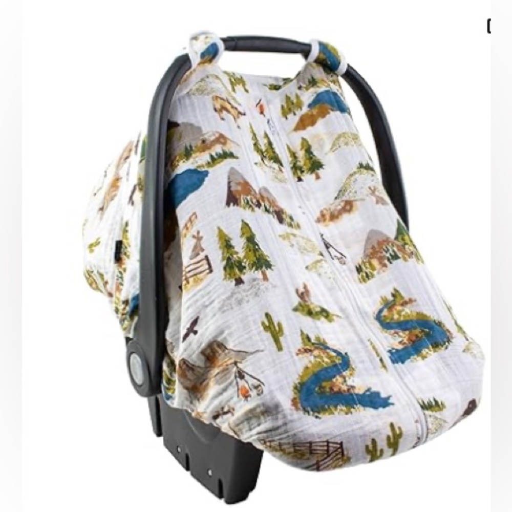 Bebe au Lait Muslin Car Seat Cover in White with Blue, Green, Brown Print